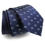 Racing Bike Print Necktie, Navy Blue Tiny Bicycle Pattern Tie, by Cyberoptix