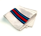 Racing Stripes pocket square: Martini-inspired Livery. White handkerchief.