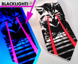Laser Cat Tie: Black and glow red on white.