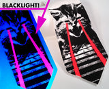 Laser Cat Tie: Black and glow red on white.