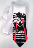 Laser cat white tie. Black and glow red print.
