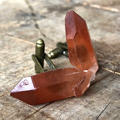 Red Quartz Cufflinks, Hematoid quartz crystal cuff links