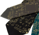Circuit Board Neckties. Gold on olive, black and emerald.