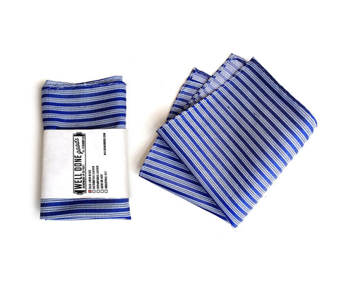 French Blue Striped Linen Pocket Square. "Riverside."