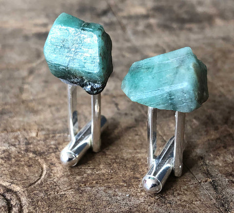 Raw Emerald Crystal Cufflinks, green beryl stone cufflinks