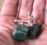 Raw Emerald Crystal Cufflinks, green beryl stone cufflinks