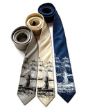 Clipper Ship silk tie: black on silver; black on cream; white on sapphire