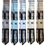 Saturn V Necktie: Black print on silver, sky, white, cream, champagne.