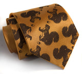 Squirrel necktie. Chocolate brown on mustard.
