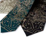 Circuit Board Necktie: Antique brass on emerald and black.