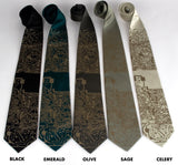 Circuit Board Neckties: Antique brass on black, emerald, olive, sage, celery standard.