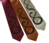 snake neckties, black on burgundy, cinnamon, sage.