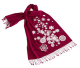 Red and White Snow Flake Scarf. Snow Print Linen-Weave Pashmina, by Cyberoptix.