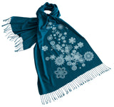 Snowflake Scarf. Snow Print Linen-Weave Pashmina, by Cyberoptix. Teal blue