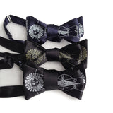  Antique brass on black; silver on black; ice on navy bow tie
