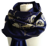 Solar & Lunar Eclipse scarf: gold ink on navy pashmina