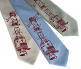 Apollo Soyuz Necktie. Crimson ink on seafoam, sky blue, platinum.