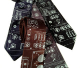 Space Shuttle Necktie: ice blue print on dark brown, charcoal, navy, black.