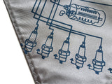 Spark Plug pocket square: cobalt on silver.