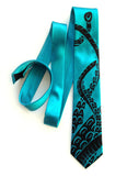 Cthulhu Necktie. Black ink on teal blue silk.