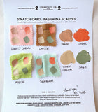 Order pashmina fabric swatches with printing ink samples applied and beside.