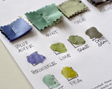 vegan tie swatches with printing ink samples below.