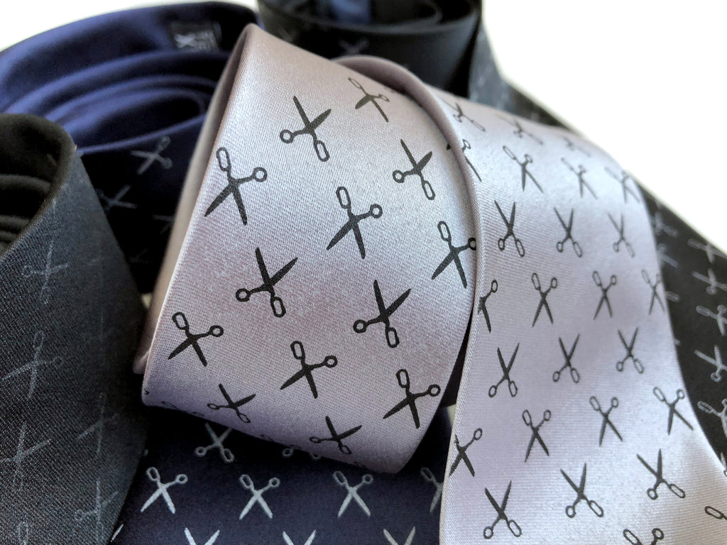 Scissors Print Necktie. Tiny Scissors Repeating Pattern Mens Tie Black on Silver Silk / Standard