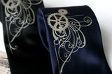 Dove gray on navy silk, black silk.