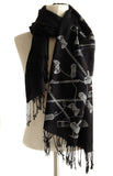 Video game scarf: dove on black pashmina.