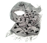 Video game scarf: black on silver pashmina.