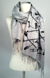 Video game scarf: black on silver pashmina.