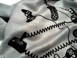 Video game scarf: black on silver pashmina.