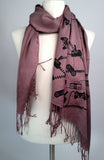 Video game scarf: black on dusty mauve pashmina.