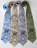 Camera Neckties. Black on sky blue, champagne, silver, sage.