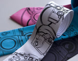 Camera Neckties. Black on white, hot pink, turquoise, charcoal.