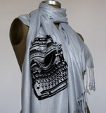 Black ink on silver pashmina.