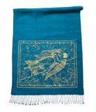 Virgo Constellation Scarf, Gold on Teal Blue Linen-Weave Pashmina, By Cyberoptix