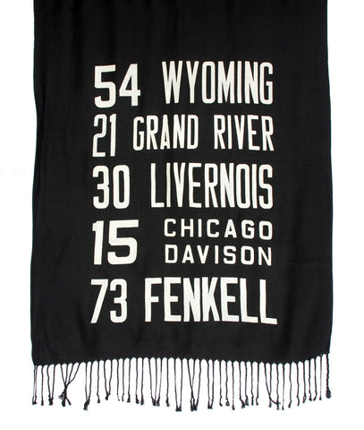 Bus Scroll Pashmina: Detroit West Side Route scarf.