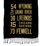 West Side Detroit Bus Scroll scarf, gold on black.